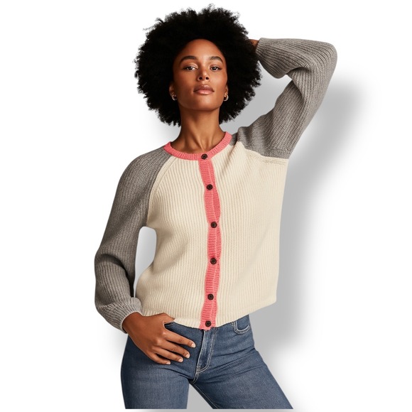 Boden Sweaters - Boden Women Beige Cream Gray Pink Button Knit Raglan Sleeve Cardigan S 4 Prepy